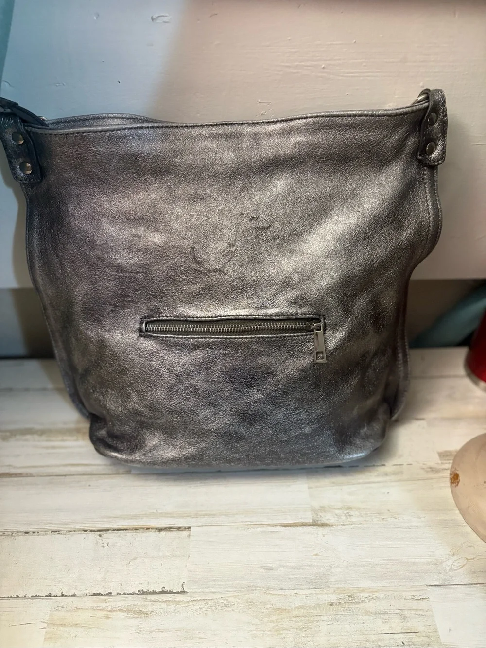 Anna Morelini Metallic Silver Genuine Leather Tote/ Sholder Bag Made in Italy